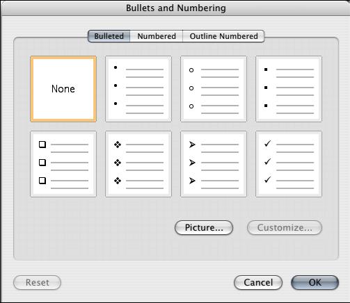 Numbered And Bulleted Lists To create a simple numbered or bulleted list, click on the Number or Bullet button on the Formatting toolbar.