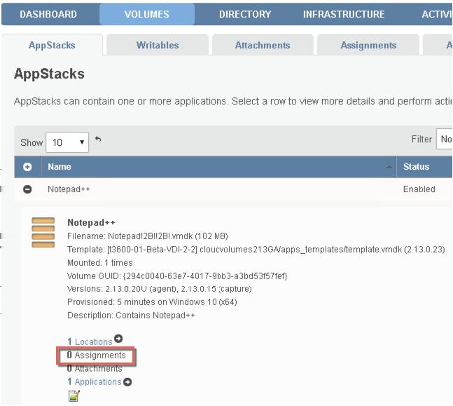 6. To verify that the AppStack has been created, in the App Volumes Manager console, click the Volumes tab. 7.