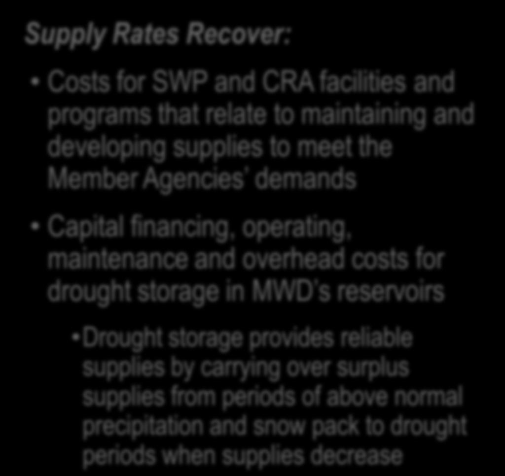maintaining and developing supplies to meet the Member Agencies demands Capital financing, operating, maintenance and overhead costs