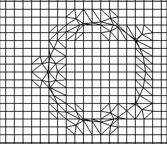 The time step was chosen k = 10 3. Figure 4: Screen-shots of a moving elastic ball simulated using the Locally Modified Finite Element scheme at time T = 0.05, T = 0.1, T = 0.15 and T = 0.2.