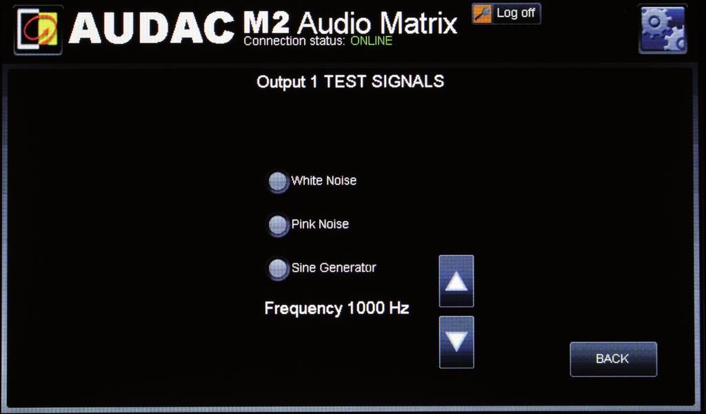 Output settings >> Test signals The M2 has an internal digital signal generator which can generate white noise, pink noise and sinusoidal signals with a selectable frequency.