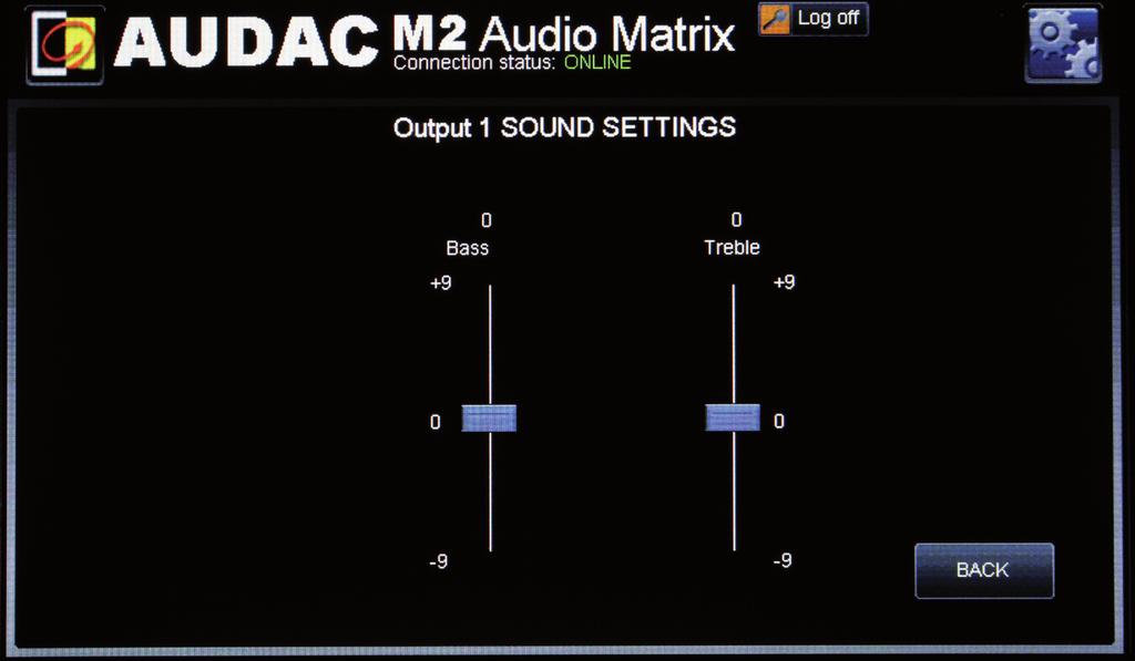 Output settings >> Sound setting In this screen you can control the value of bass and treble for this output. This screen shows two faders.
