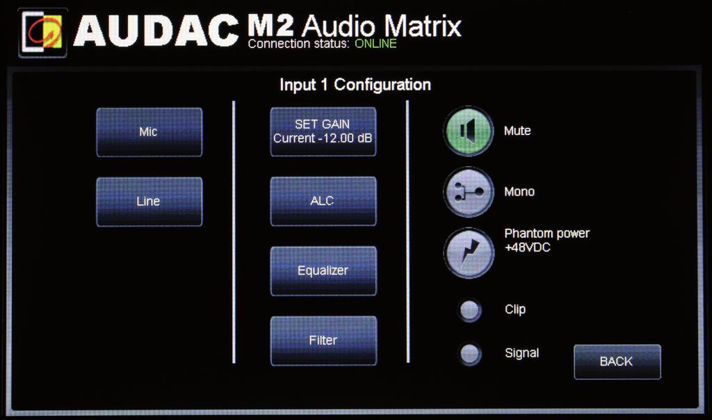 Settings >> Input Configuration First select the input of which the settings should be changed Now a new screen appears which allows you to change the line and mic settings for this input.