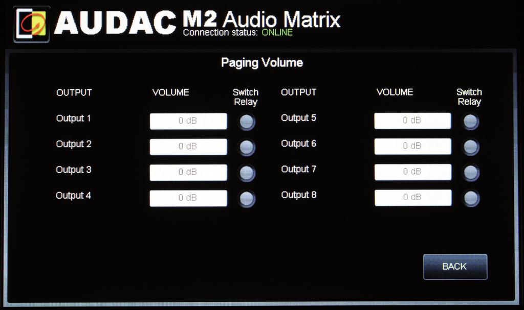 Settings >> Paging Volume In this window the volume for all outputs can be set to a value you see fit for paging.