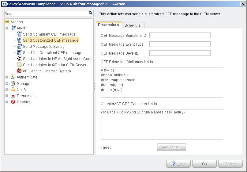 2. Add an action. In the Actions tree, open the Audit group and select the Send CEF message action. 3.