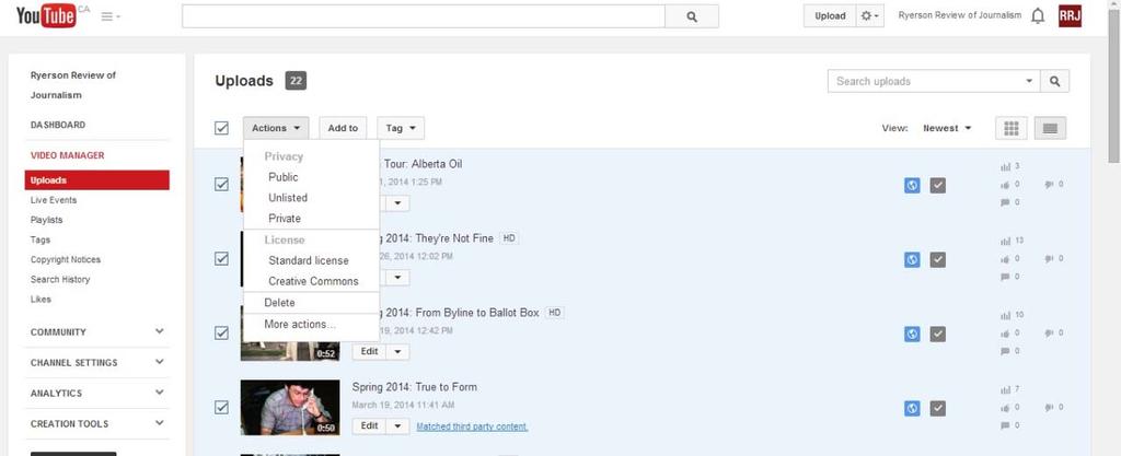 Using the Video Manager When you click on the link for the Video Manager you will be taken to a dashboard which lists all of the videos you have uploaded to YouTube.