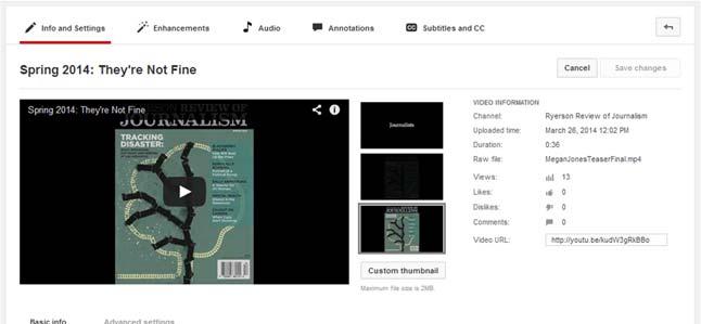 Using the tabs at the top of the screen you can make changes to the Info and settings, including: title, description, and tags o Just below the video preview window you will see the Advanced settings