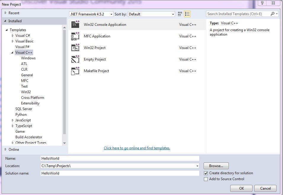 Visual Studio New Project Definition Page The New Project Dialog allows the developer to choose which language this project will be based (selected on the left).