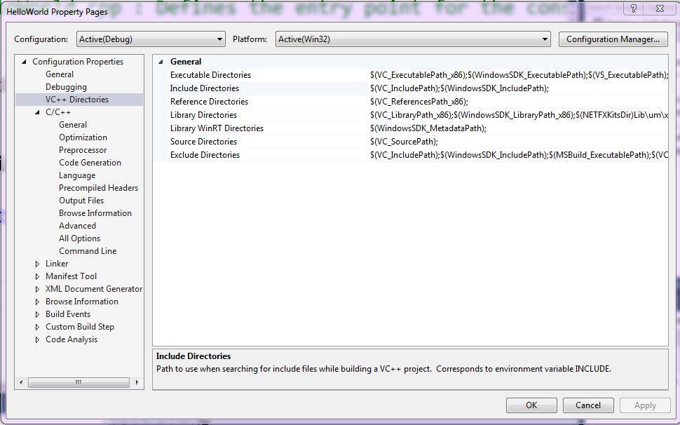 Visual Studio Project VC Directories This dialog shows the default directories provided by Visual Studio.