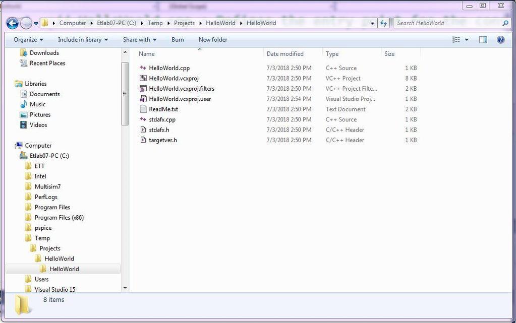 This shows the detailed project files including the source and header files created (as shown in