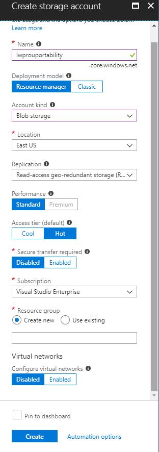 Creating a Client Portability Storage Account The Portability storage account holds a user s profile settings that the ProfileUnity Client writes back to it. 1. Login to your Azure portal. 2.