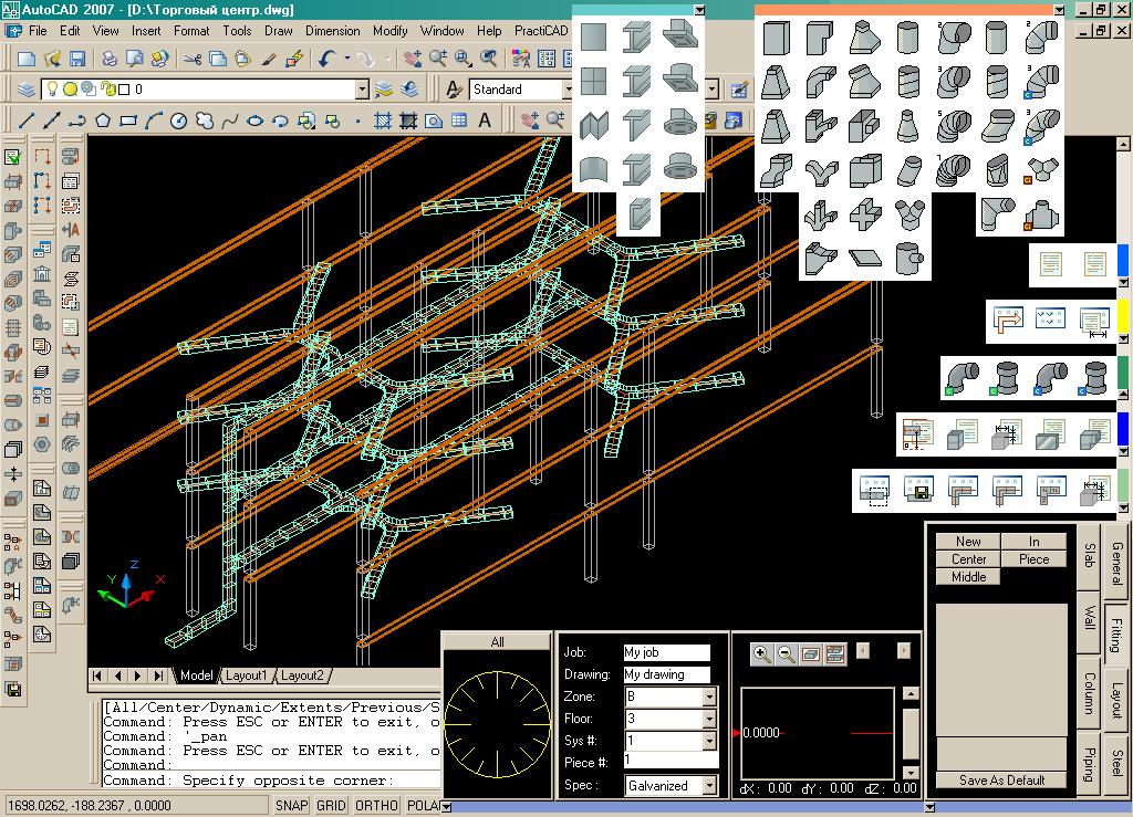 MetaLab Screen Overview Menu Fittings bin Architectural items bin AutoCAD tools Model space Reports bin Ultimatics bin Tags bin Automatics bin Command promt Piping bin PractiCAD tools Screen Overview