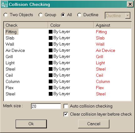 PractiCAD marks each collision with round mark. Size and color of the mark can be defined by you. This tool cannot automatically rectify the problems it finds.