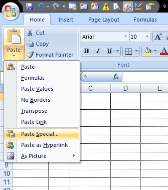 9. Go to Paste Special (for Office 2003 users