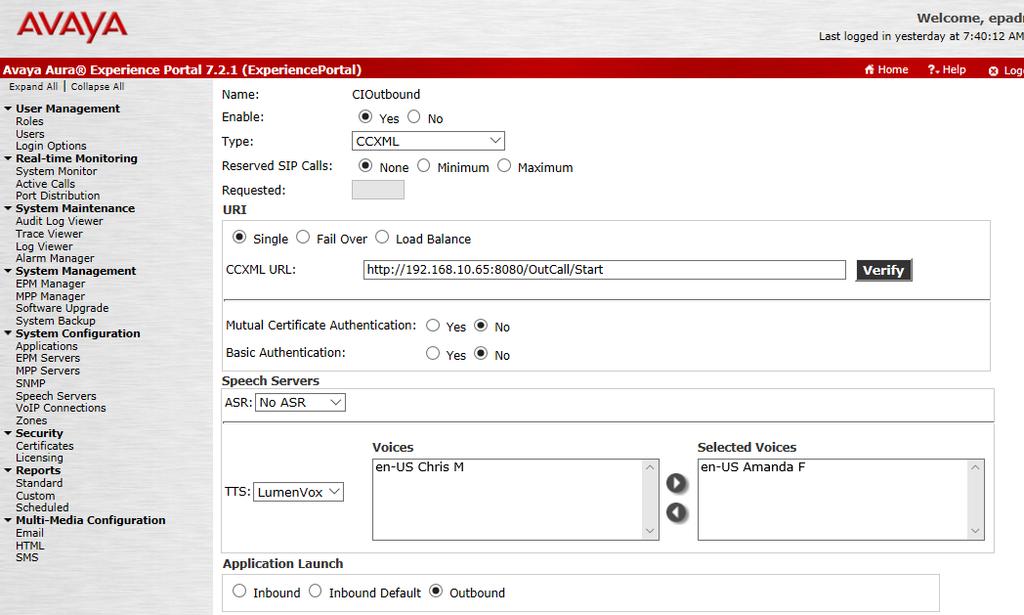 5.4. Add Outbound Application From the Applications page, click Add. The Add Application screen is displayed. Complete the fields as follows: Enter a descriptive name in the Name field.