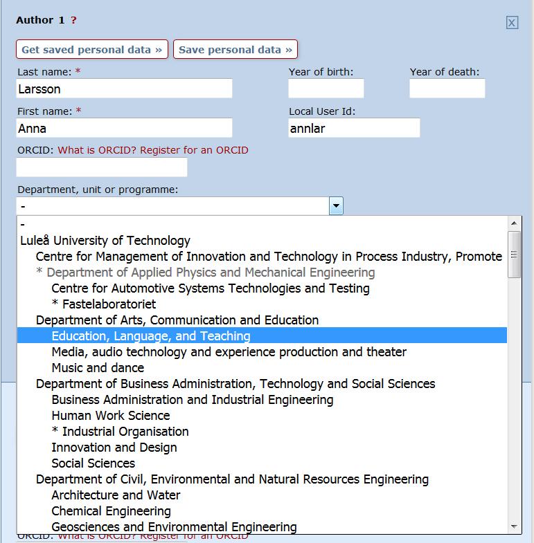 8. Choose department, unit or programme: Select the organisational affiliation i.e. department or section for all Luleå University of Technology authors. Browse to the lowest level in the hierarchy.