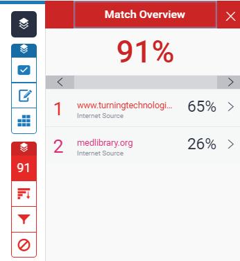 Match Overview It will show you the highest matches and the percentages. The matching text in the student s paper will be highlighted and you will be able to see the source.