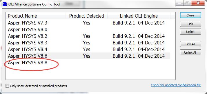 2.5.5 Only show detected or installed products This check box is used when a non-standard Aspen HYSYS installation has occurred.