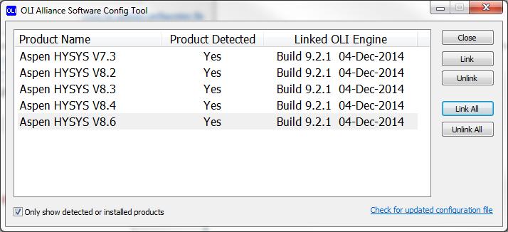 2.5.8 Alternative Start Up Sometimes when the OLI Engine Config Tool is started you will find all the programs already linked such as in the following image: If all