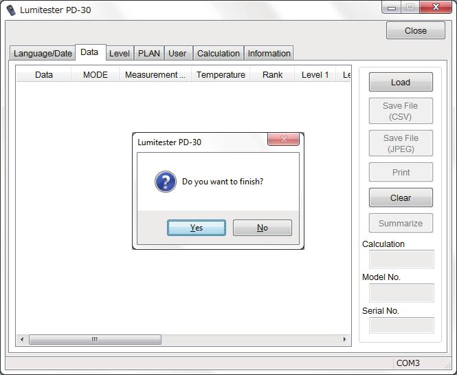 -PC- will appear on the screen of the PD-30. Key operation is not accepted while the PD-30 is connected to a PC. <How to Exit the software> Click Close button.