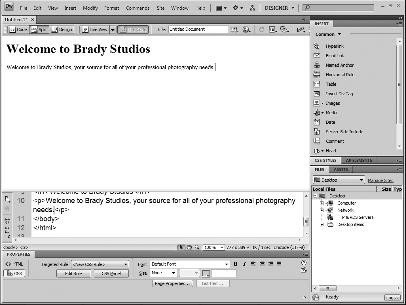Explore the Dreamweaver Workspace chapter 1 Dreamweaver swaps the position of the Code and Design views. 5 Click in the Design view and type some text. PART I 5 The text also appears in the Code view.