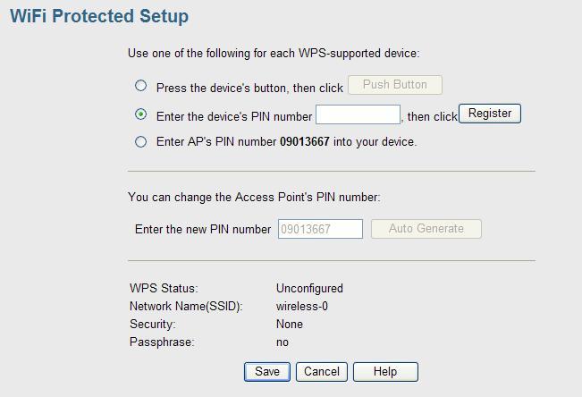 6.6 Wi-Fi Protected Setup Click WiFi Protected Setup on the Wireless menu to view a screen like the following:. Data - WPS Screen WPS Use one of the following.