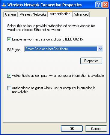 3. Select the Authentication Tab, and ensure that Enable network access control using IEEE 802.1X is selected, and Smart Card or other Certificate is selected from the EAP type.
