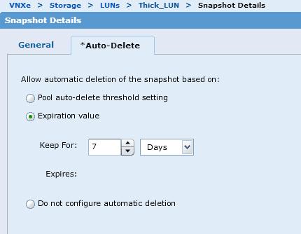 Snapshot Expiration Figure 14: Resume Auto-Delete Snapshots can be configured with an expiration value, which pre-determines when they will be deleted.