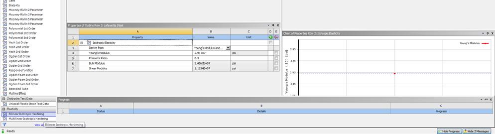 In the Engineering Data window, double click on the Bilinear Isotropic Hardening option in the LHS set of choices, which is located as shown below towards the bottom of the LHS menu.