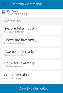 System Information Hardware Inventory Hardware Inventory License Information Software Inventory Job Information Custom Command - You can manually type a RACADM command to perform any server operation.