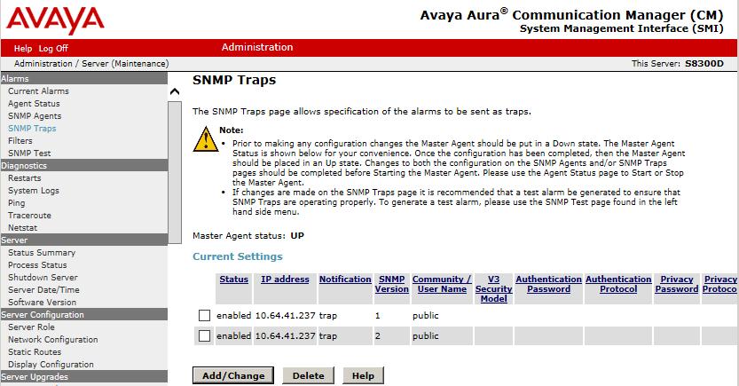 5.1.2. Administer SNMP Traps Select Alarms SNMP Traps from the left pane, to display the SNMP Traps screen.