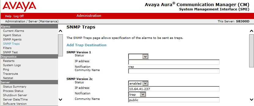 In the SNMP Version 2c sub-section, configure the fields as shown, where 10.64.41.