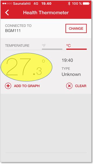 Try the Built-in Demo Using an ios Mobile Phone Step 5 Test the temperature sensor by pressing your finger on top of the sensor on the WSTK Main Board as shown in figure.