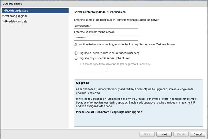 Installing Neverfail IT Continuity Engine Figure 14: Upgrade Engine 2. Enter the name of the local built-in Administrator account and password.
