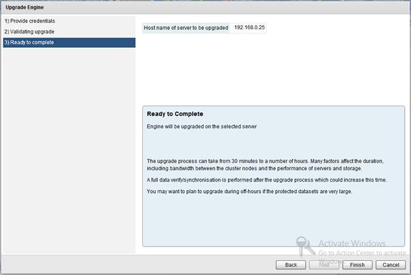 Review the information and click Finish to initiate the upgrade of the selected cluster or single server.