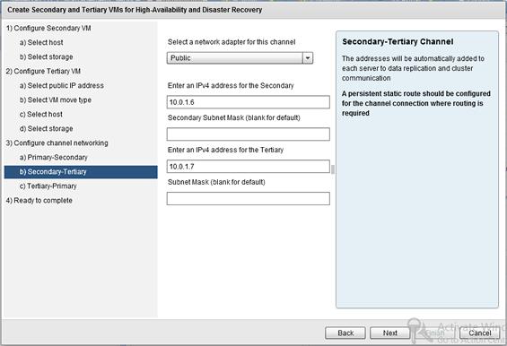 Installing Neverfail IT Continuity Engine Figure 39: Secondary-Tertiary step 12. Select the appropriate network adapter and then enter the channel IP addresses for Secondary-Tertiary communications.
