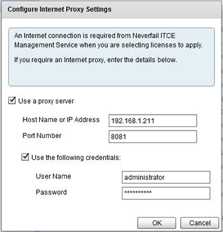 Installing Neverfail IT Continuity Engine Procedure To configure for use with an internet proxy: Provide the hostname or IP address of the proxy, the port number, and if required account credentials.