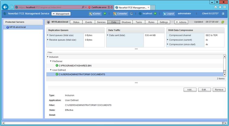 Installing Neverfail IT Continuity Engine Figure 62: Data page The Replication Queues pane The statistics of the connection with regards to the data sent by either server and the size of the active
