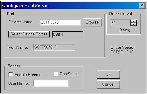PC Configuration Items shown on this screen are as follows: Figure 22: Print Port Configuration Port Banner Retry Interval If desired, click Browse to select a different device.
