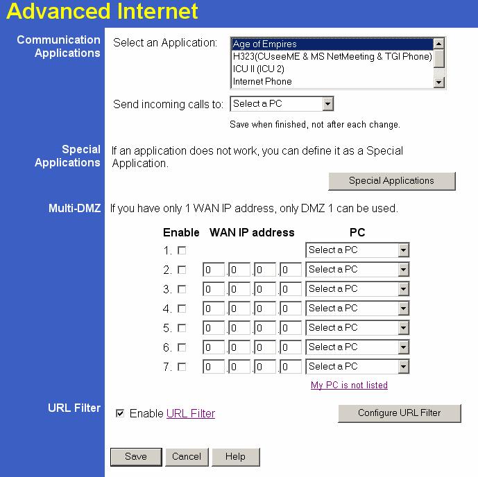 Broadband Router User Guide Advanced Internet Screen This screen allows configuration of all advanced features relating to Internet access.