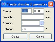 In a dialog box, you can specify coordinates of the center of the contour, the diameter, the number of corners and an angle of rotation (clockwise) around its center.