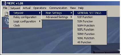 4 COMMUNICATIONS 4.3 SETPOINT 4.3SETPOINT Clicking on the Setpoint menu entry gives access to Settings, Configuration, Logic Configuration and Clock. 4.3.1 SETTINGS The Settings sub-menu is the same for all MII family relays, and shows all relay settings divided in two groups: Main Settings and Advanced Settings.