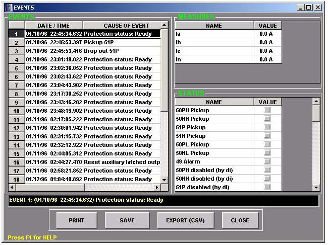 4.4 ACTUAL 4 COMMUNICATIONS 4.4.2 EVENT RECORDER Actual Event Recorder option makes the last 24 relay events to be retrieved (up to 32 for MIFII) and displayed in the window appearing in Figure 4 17:.