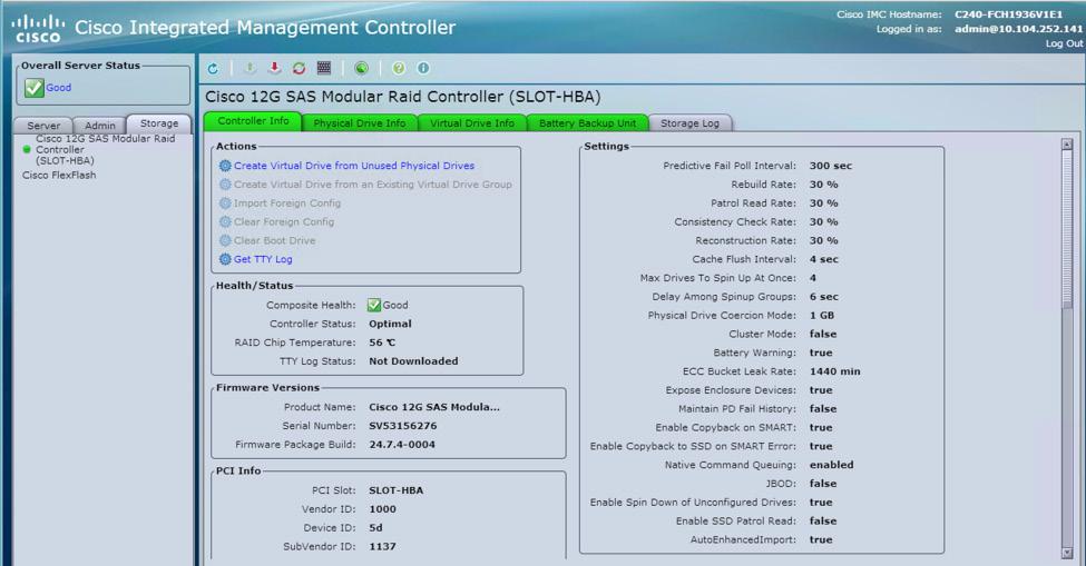Configuring RAID 5 Create a single RAID 5 drive group with two virtual drives using eight 1.2-TB SAS drives. In the Integrated Management Controller, create two virtual disks with sizes of 7.
