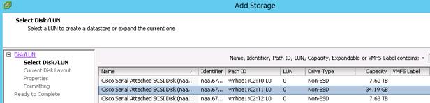 Select the Disk/LUN storage type (Figure 20). Then click Next. Figure 20. Selecting the Storage Type 5. On the Select Disk/LUN page, select the 34.19-GB storage device (Figure 21). Then click Next. Figure 21.