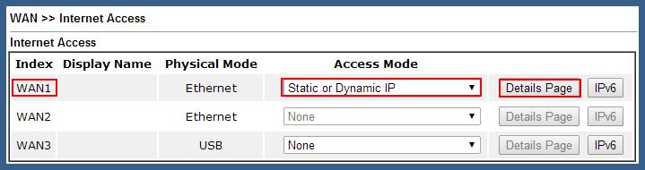 Bước 4: Cấu hình cổng WAN1 - Vào WAN >> Internet Access - Ở WAN 1: Chọn Access Mode là Static or Dynamic IP và nhấn Details Page - Ở Tab Static or