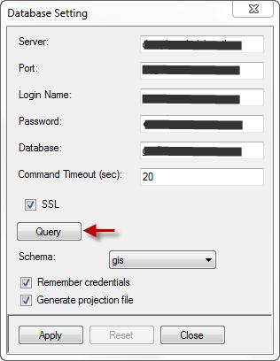 After entering information, press Query button to connect to database server. If it can connect successfully, schema name(s) that you own will appear. You can choose what schema you want to work with.