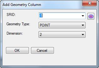 For adding geometry column, you have to enter SRID (Spatial Reference System Identifier), Geometry type and dimension. 3.3.1.2.
