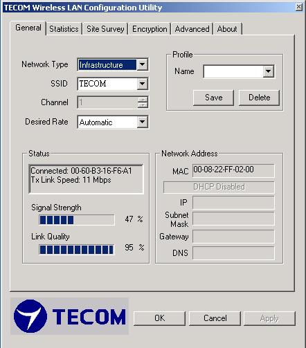 TECOM WLAN Utility Tool After clicking the icon second from left on the above icon-tray, TECOM WLAN Utility Tool window will be shown as following, Please click on the tabs on the top of the screen