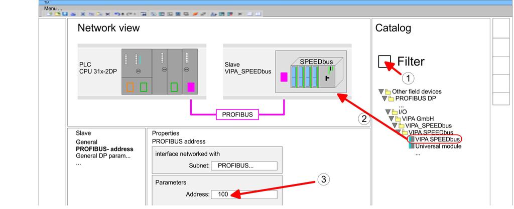 Configuration with TIA Portal VIPA System 300S + TIA Portal - Setting VIPA specific CPU parameters Thus, the VIPA components can be displayed, you have to deactivate the "Filter" of the hardware